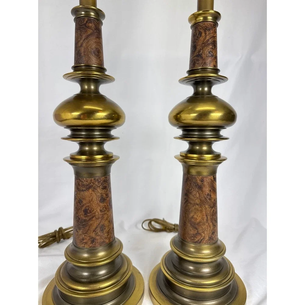 Vintage Solid Brass Table Lamp Pair Hollywood Regency Faux‎ Wood Accent Lighting